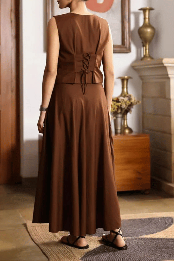 Solid Vest and Skirt Coordinate- Brown